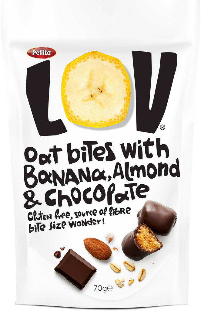 Prigrizek LOV Oat Bites – banana, mandellj, čokolada, 70g