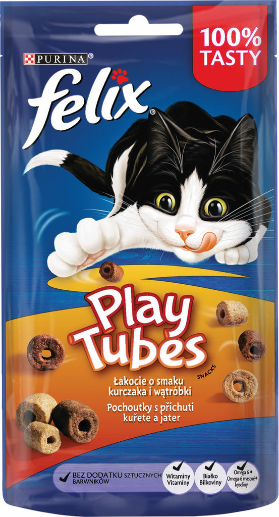 Priboljški Felix Play tubes, za mačke, piščanec, puran in jetra, 50g